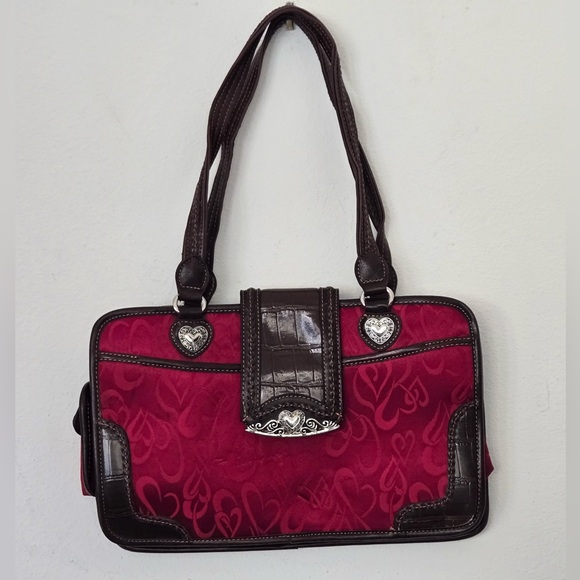 Brighton Red Heart Pattern Satchel Brown Leather Shoulder Bag